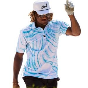 Bad Birdie Mens XL Golf Polo Shirt Blue White Abstract Watercolor Performance